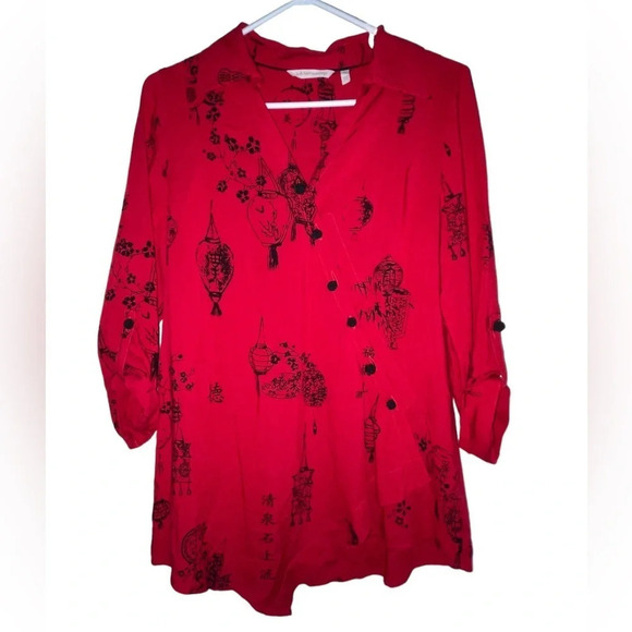 Soft Surroundings Asian Pagoda Tunic Top Size Petite Small Red Lantern Blouse - Picture 10 of 10